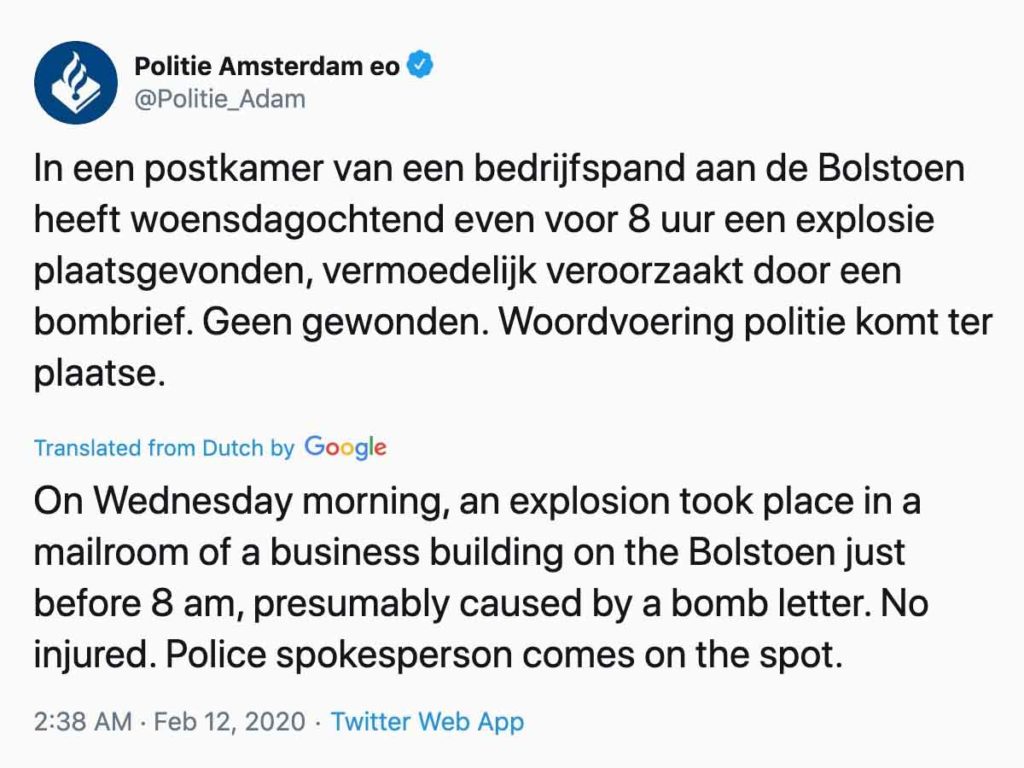 Letter Bombs Explode Netherlands Police Tweet 2020 Feb.
